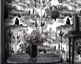 Black and White Cactus Wallpaper, Desert Landscape Botanical Wall Decor, Western Boho Minimalist Accent Wall