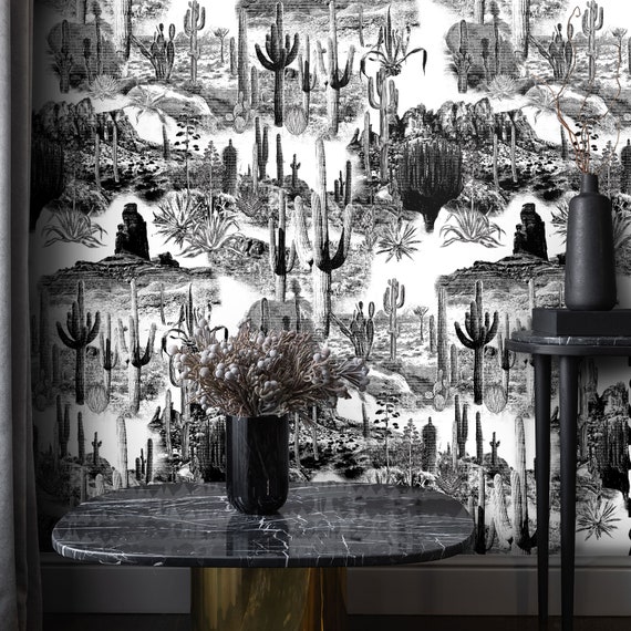 Ethereal Desert Landscape in Enchanting Etched Black and White, Wild West: Etched Cactus Wallpaper