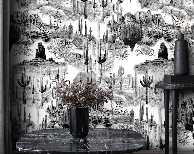 Black and White Cactus Wallpaper, Desert Landscape Botanical Wall Decor, Western Boho Minimalist Accent Wall