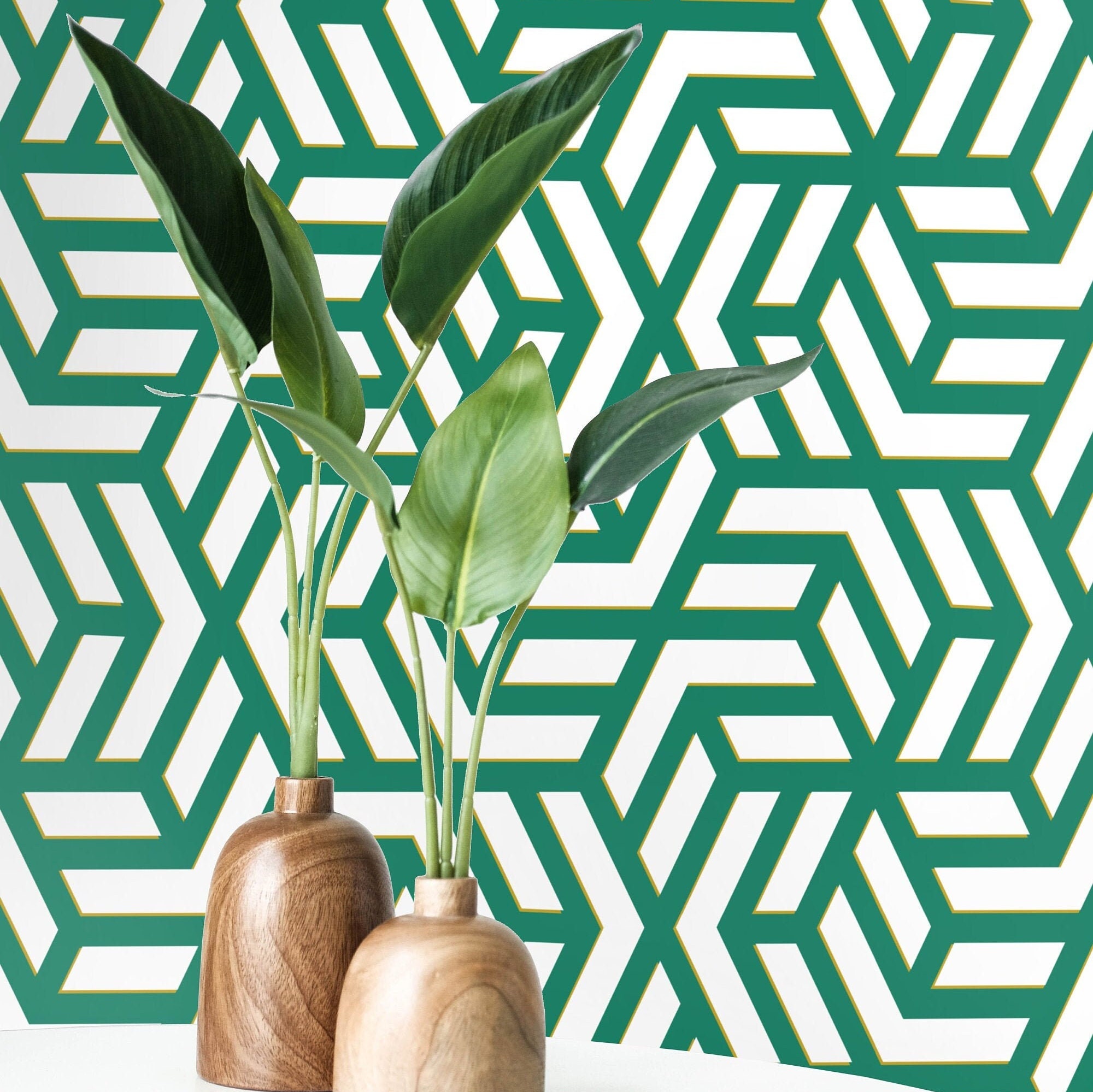 Green Art Deco Geometric Peel and Stick Wallpaper Sample - 19′′x19′′, PVC-Free