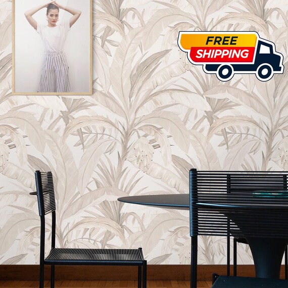 Neutral Tones Jungle Wallpaper, Boho Chic Wall Art, Aesthetic Tropical Leaves in Light Nuances Wall Decore