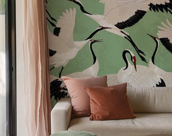 Green Heron Print Wallpaper, Crane Wallpaper, Removable Wallpaper, Elegant Crane Dance Wallpaper, Graceful Bird Design