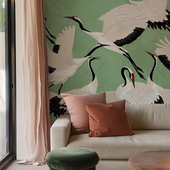 Green Heron Print Wallpaper, Crane Wallpaper, Removable Wallpaper, Elegant Crane Dance Wallpaper, Graceful Bird Design
