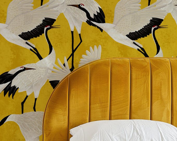 Japanese White Heron Wallpaper - Graceful and Radiant Design on Golden Yellow Background, Golden Heron Japanese Print Wallpaper