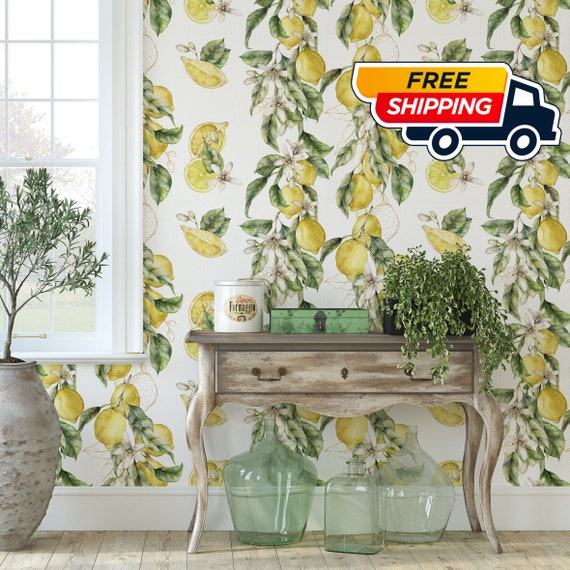 Amalfi Coast Lemon Tree Watercolor Wallpaper, Vintage Floral Wall Mural, Italian Kitchen Citrus Home Decor