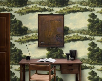 Rural Landscape Vintage Wallpaper, Antique Panorama Wall Mural, Lake Wall Decor