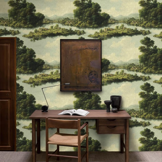 Rural Landscape Vintage Wallpaper, Antique Panorama Wall Mural, Lake Wall Decor
