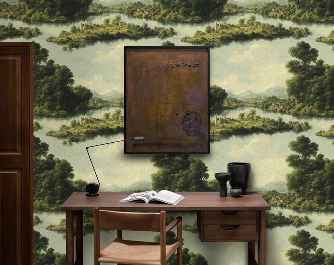 Rural Landscape Vintage Wallpaper, Antique Panorama Wall Mural, Lake Wall Decor