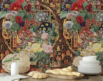 Vintage Thangka with Floral Composition - Handmade Wallpaper, Spiritual Wallpaper