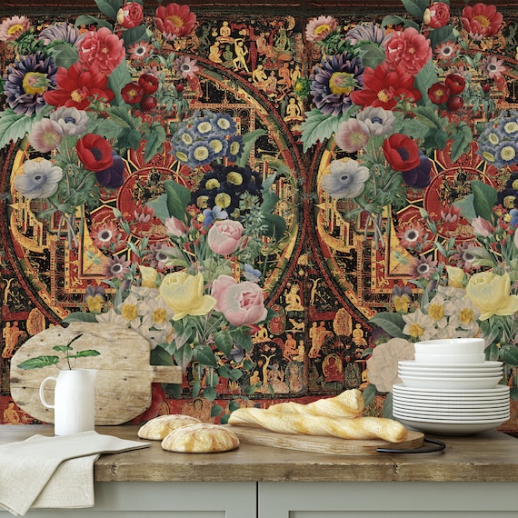 Vintage Thangka with Floral Composition - Handmade Wallpaper, Spiritual Wallpaper