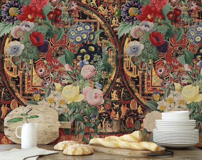 Vintage Thangka with Floral Composition - Handmade Wallpaper, Spiritual Wallpaper