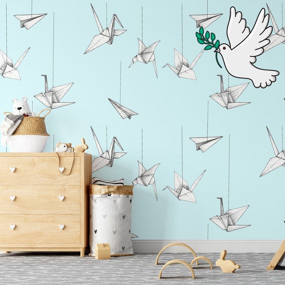 Origami Airplanes Nursery Wallpaper, Airplane Flying Playroom Wall Decor, Kids Mural with clouds, Boy Room Wall Art