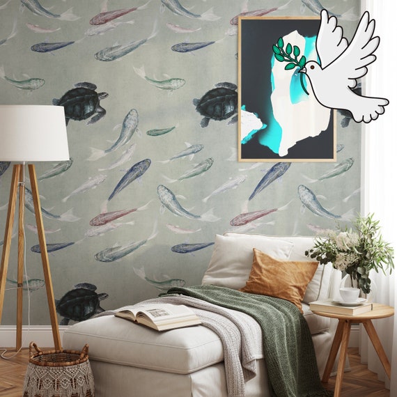 Japanese Koi Fish Wallpaper with turtle, Sea World Marine Wall Decor in Pastel Color, fish in pond Wall Art