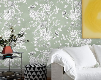Chinoiserie Art Asian Wallpaper, Country House Wall Decor, Birds and Butterfly Art