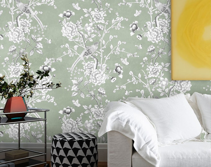 Chinoiserie Art Asian Wallpaper, Country House Wall Decor, Birds and Butterfly Art