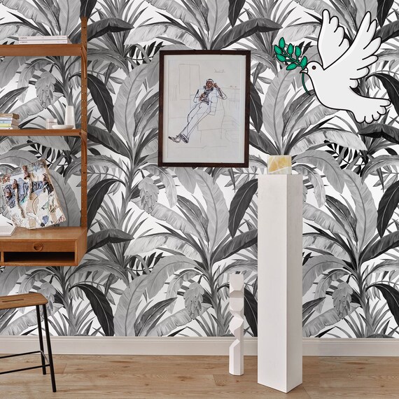 Aesthetic Room Decor Black and White Jungle Wallpaper, Boho Chic Wall Art with Tropical Leaves