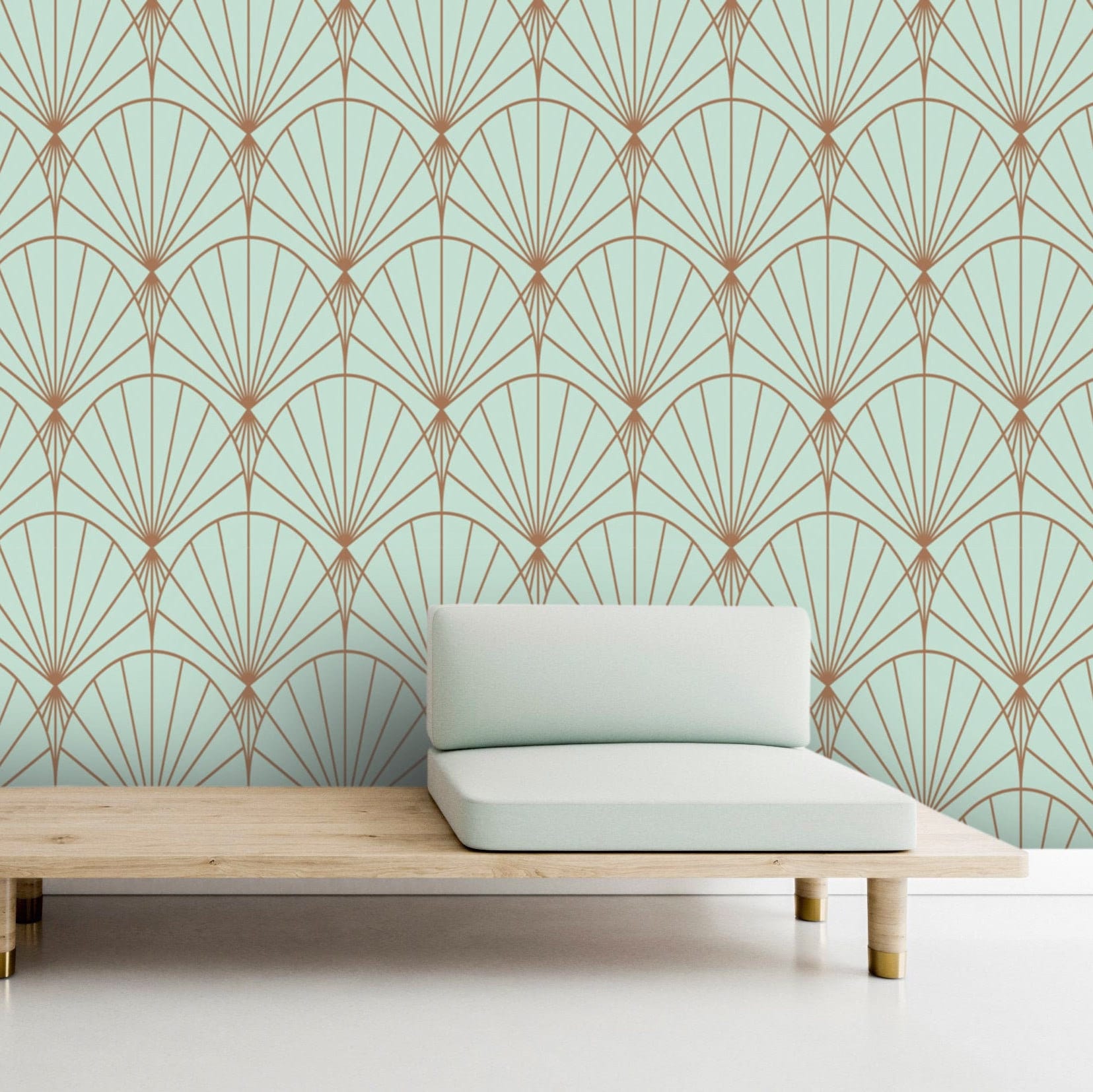 Vintage Inspired Art Déco Wallpaper, Golden Folding Fan Light Blue