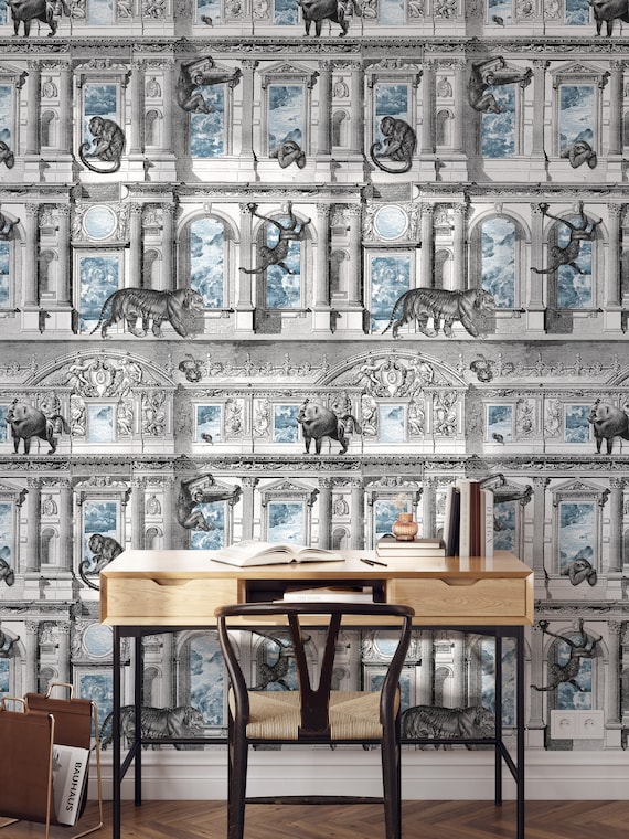Monkeys on Classic Building Engraved Wallpaper, Retro Design Etching Wall Decor