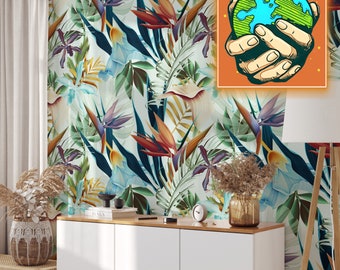 Bali Wallpaper with Tropical Print for Living Room Decor, Hawaiian flowers Colorful Floral Boho Wall Art