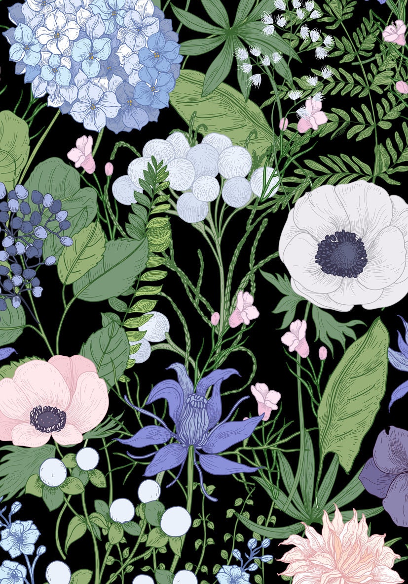 Dark botanical flowers wallpaper, botanical Wallpaper, Botanical