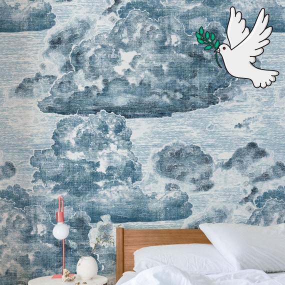 Vintage Style Cloud Wallpaper, Light Blue Sky Wall art, Boutique Wall Decor