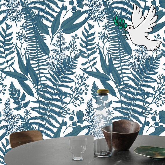 Botanical Print Fern Wallpaper, Blue and White Bohemian Home Decor for Kids Room