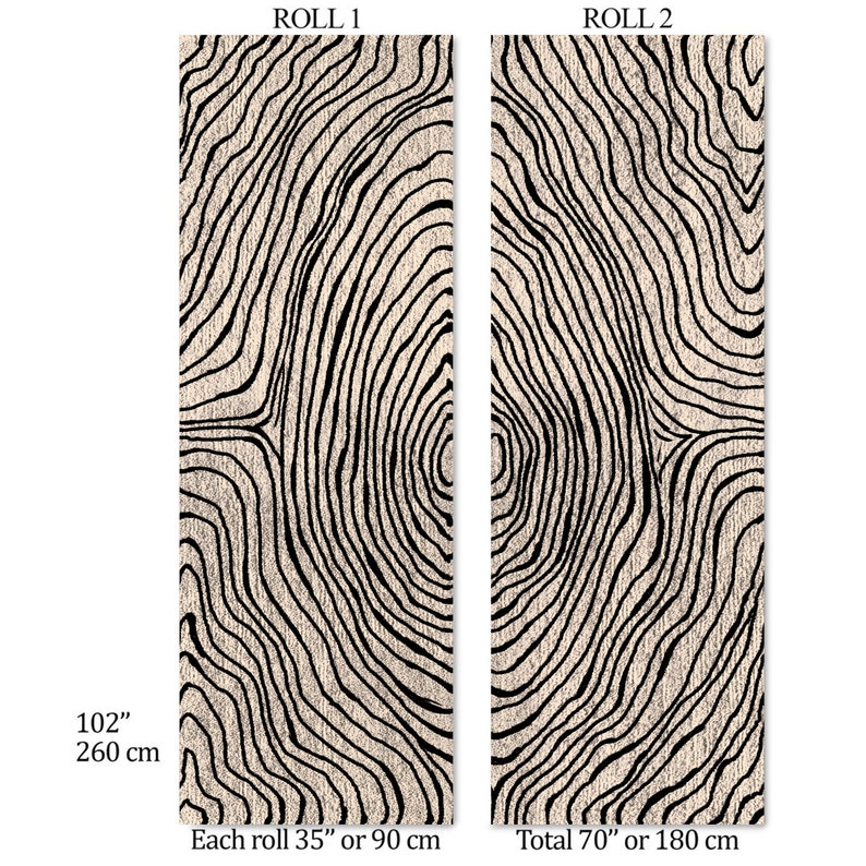May include: Two rolls of wallpaper with a beige background and a black, organic, wood grain pattern. Each roll is 35 inches wide and 102 inches tall. The total width of both rolls is 70 inches, or 180 cm.