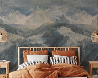 Extra Large Mountain Mural, Misty Alps Foggy Wallpaper, Landscape Painting Mountains Wall Art