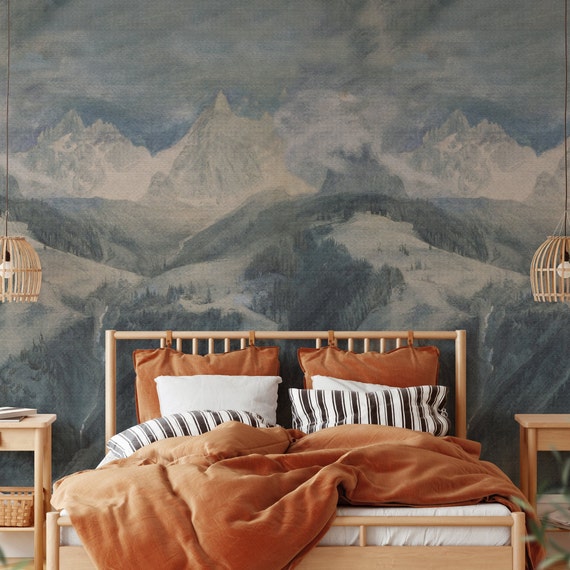 Extra Large Mountain Mural, Misty Alps Foggy Wallpaper, Landscape Painting Mountains Wall Art