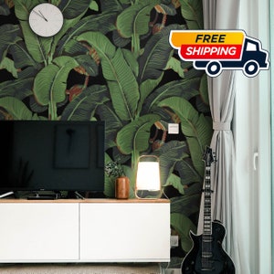 Create an Exotic Oasis with Our Black Background Banana Leaf Wallpaper | Stylish and Striking Design for a Bold Décor