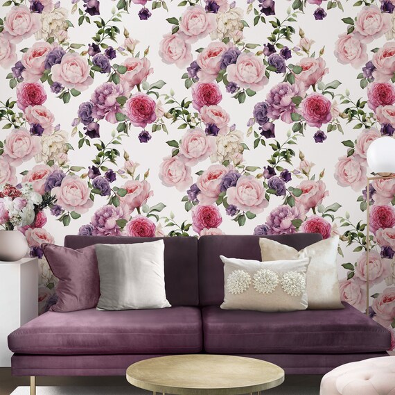 Pink Roses Watercolor Wallpaper, Vintage Rose Floral Wall Decor
