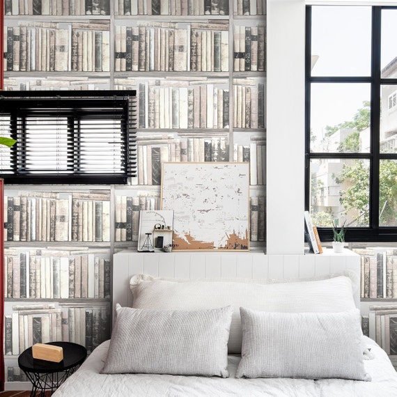 Vintage Bookshelf Wallpaper in Shades of White, Old Book Collection Wallpaper in Monochrome, White-Toned Library Wallpaper with Antique Book