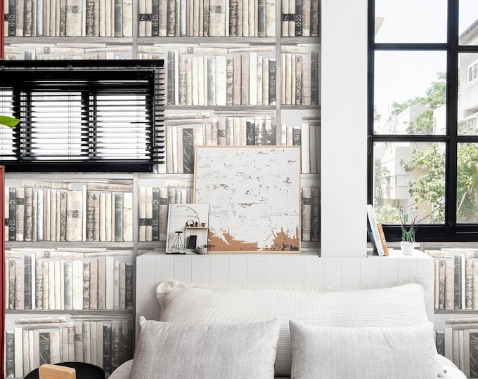 Vintage Bookshelf Wallpaper in Shades of White, Old Book Collection Wallpaper in Monochrome, White-Toned Library Wallpaper with Antique Book