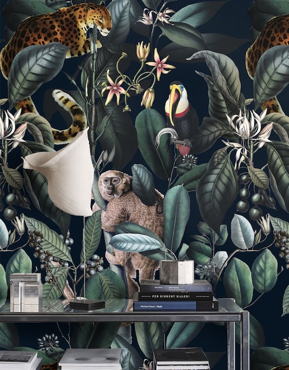 Dark Tropical Wild Jungle Wallpaper with Leopard Jaguar and Monkey, Rainforest Animal Night Forest Temporary Wall Art