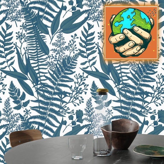 Botanical Print Fern Wallpaper, Blue and White Bohemian Home Decor for Kids Room