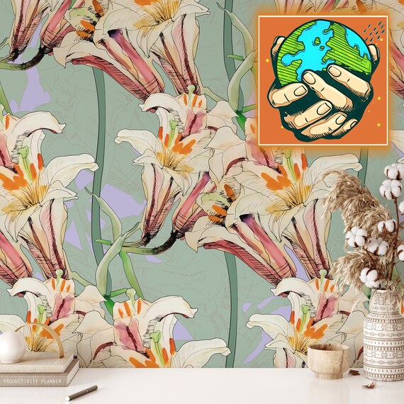 Art Nouveau Pink Lilly Floral Wallpaper, Watercolor Lillies Wall Art, Hanging White Lily Wall Mural