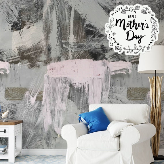 Extra Large Colorful Brushstroke Modern Wallpaper, Grey and Pink Abstract Painting Wall Decor,