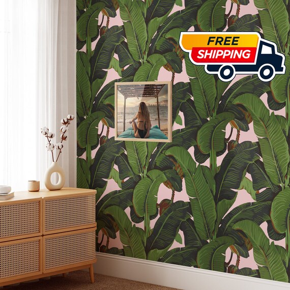 Pink Banana Leaf Tropical Rainforest Wallpaper, Leaves Print Palm Tree Jungle Print Boho Decor