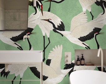 Groene reigers behang, luxe behang met vintage Aziatische kraanvogels, eigentijds design wanddecoratie verwijderbaar behang