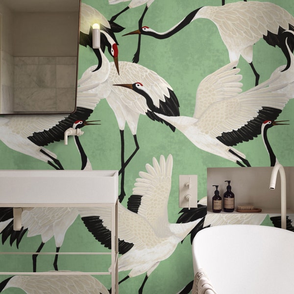 Green Herons Wallpaper, Luxury Chinoiserie Bird Wallpaper, Asian Crane Wall Decor Removable Wallpaper