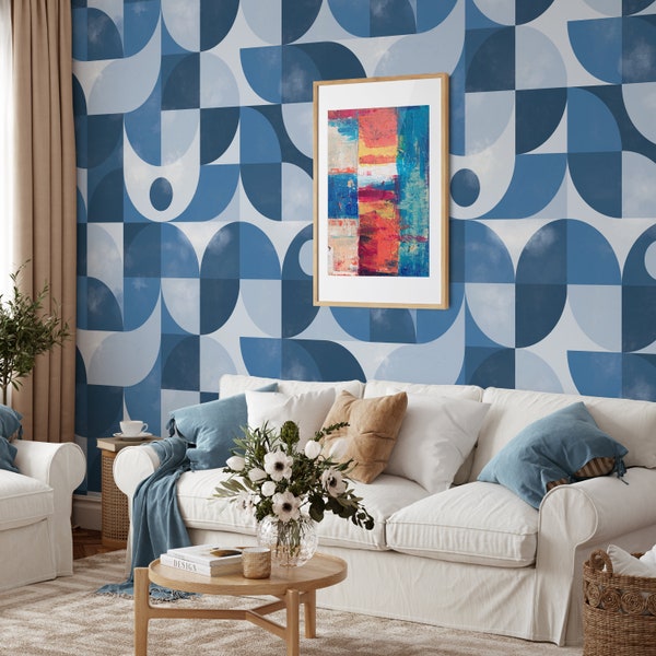 Mid Century Modern Retro Tapete in blauer Palette, Vintage Geometrische Tapete, Abstrakte Wandkunst 1970s