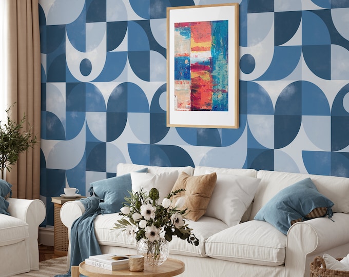 Mid Century Modern Retro Wallpaper in blue palette, Vintage Geometric Wallpaper, Abstract Wall Art 1970s