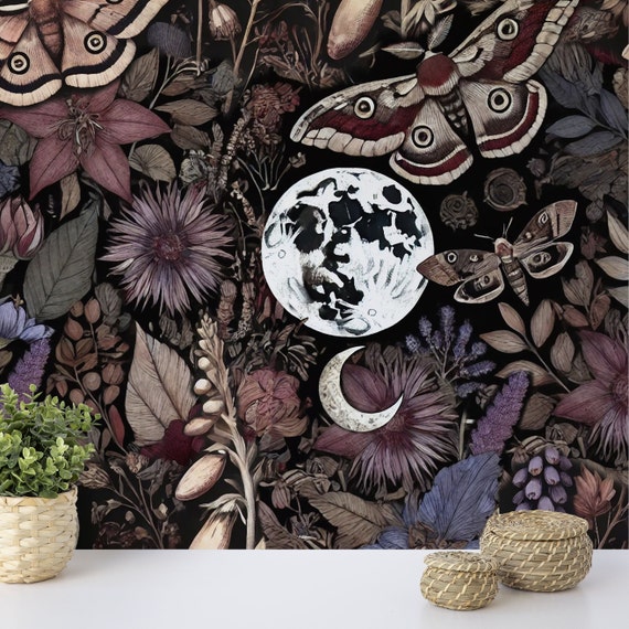Mystical Midnight Garden Wallpaper, Enchanted Botanical Night Wallpaper, Gotic Wallpaper, Floral & Moth Motifs with Lunar Accents
