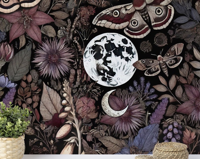Mystical Midnight Garden Wallpaper, Enchanted Botanical Night Wallpaper, Gotic Wallpaper, Floral & Moth Motifs with Lunar Accents