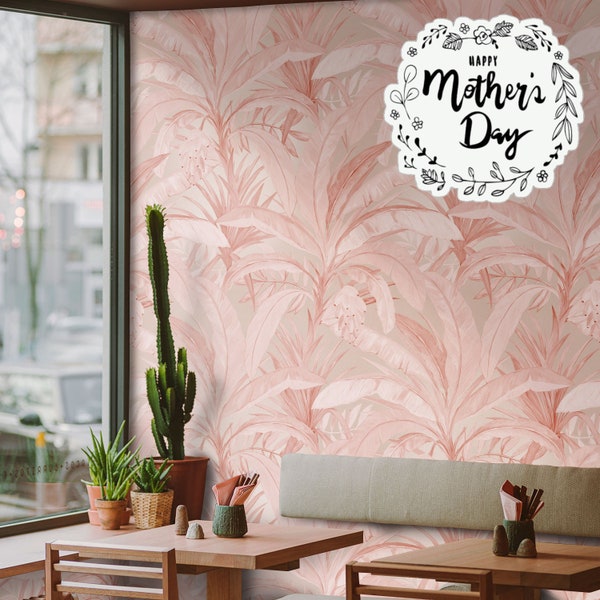 Add a Touch of Tropical Charm with this Pink Banana Leaf Wallpaper - Perfect for a Stylish and Feminine Look!