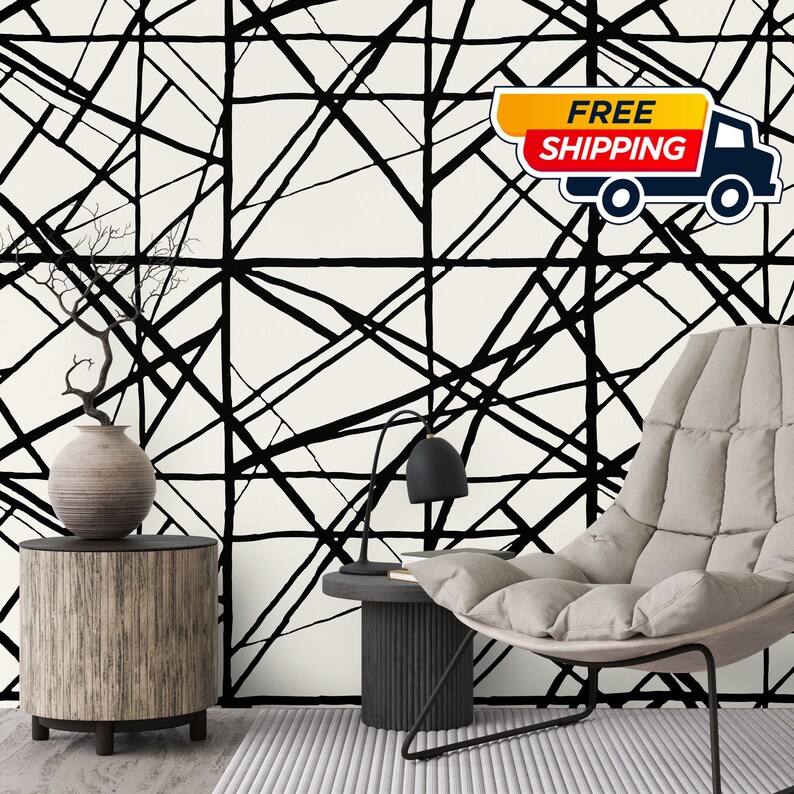 Abstract Lines Minimal Wallpaper, Geometric Icon Wall Mural, Geometric Stripes Modern Home Decor image 1