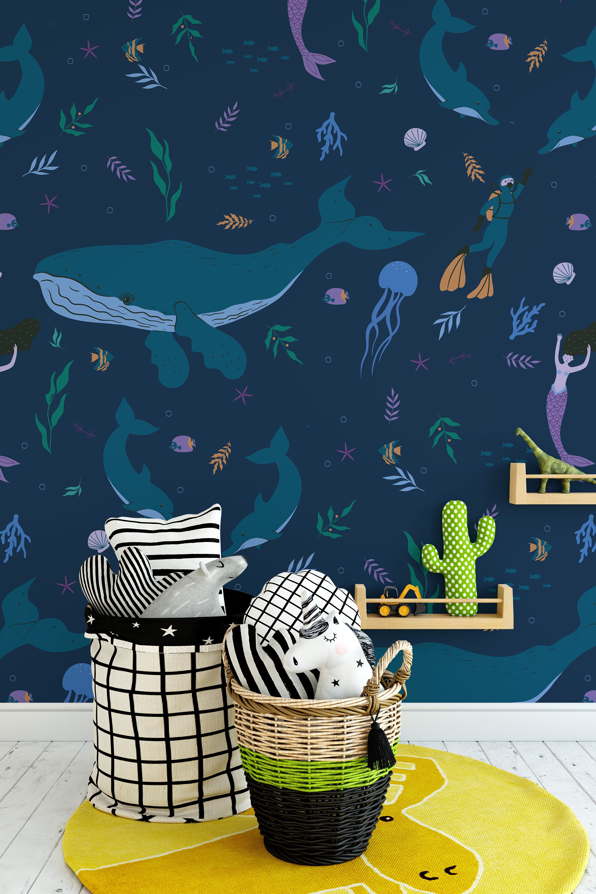 Mermaids Wallpaper with Whales, Diving Beauties Wall Art in Navy Blue