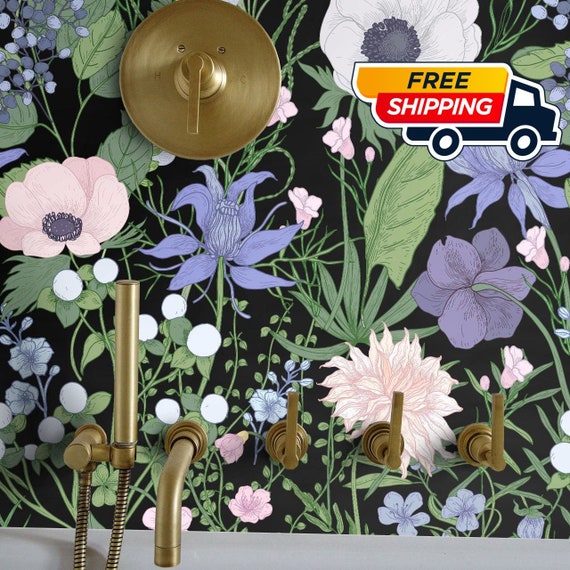 Field floral Removable Wallpaper on Black Background, Whimsical Wildflowers Modern Wall Paper
