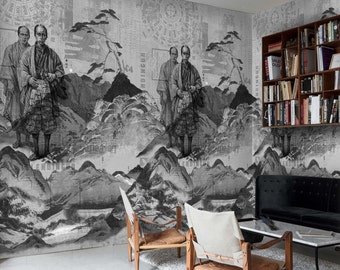 Monochrome Japanese Tradition: Samurai Lore & Majestic Fuji Eco-Friendly Wallpaper, Zen Aesthetic Wall Art