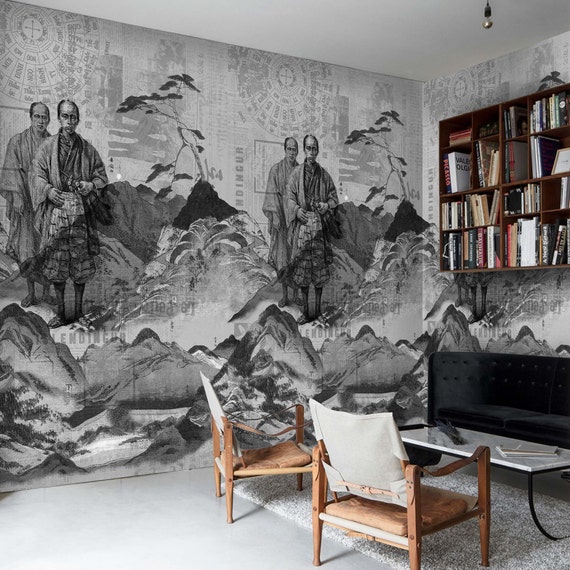 Monochrome Japanese Tradition: Samurai Lore & Majestic Fuji Eco-Friendly Wallpaper, Zen Aesthetic Wall Art